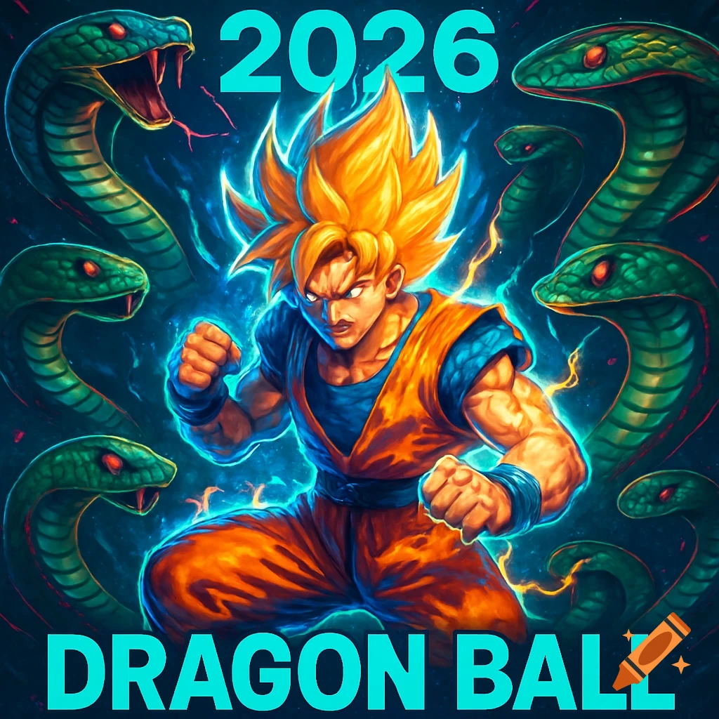 A powerful Super Saiyan-like character is surrounded by green cobras, with '2026 DRAGON BALL' text, in a dynamic illustrative style.
