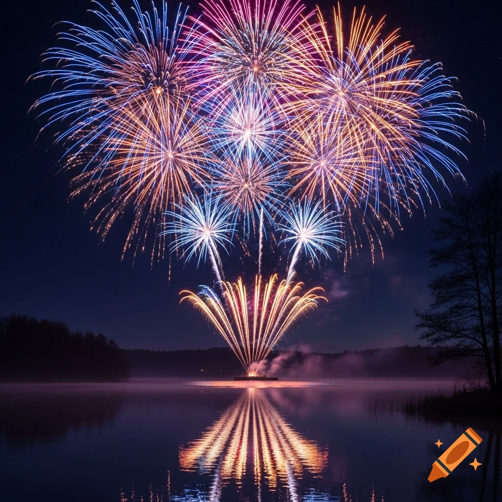 Colorful fireworks burst over a dark lake at night, their vibrant reflections shimmering in the still water, with distant trees.
