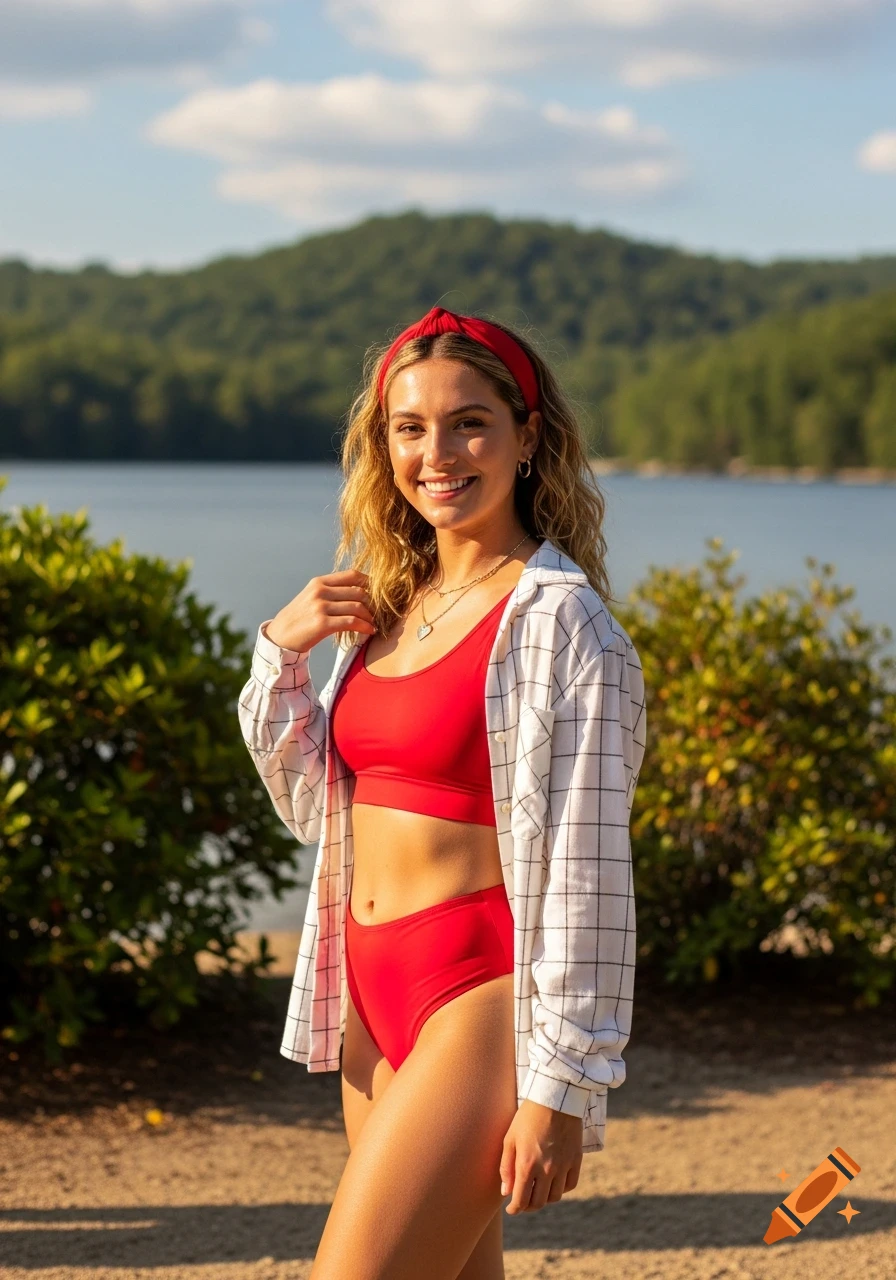 Smiling woman in red bikini and open plaid shirt, with a red headband and wavy blonde hair, by a sandy lake shore with wooded hills.