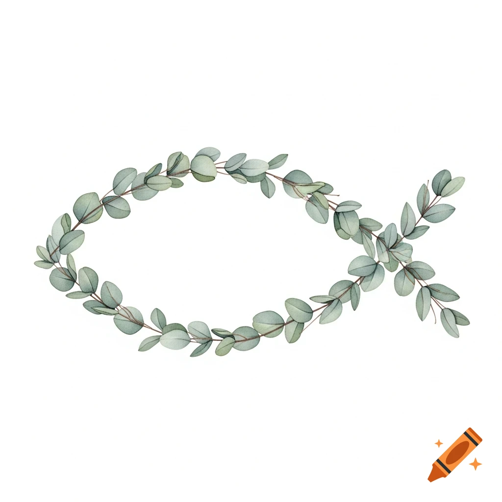 Watercolor illustration of a Christian fish symbol formed by eucalyptus leaves on a white background.