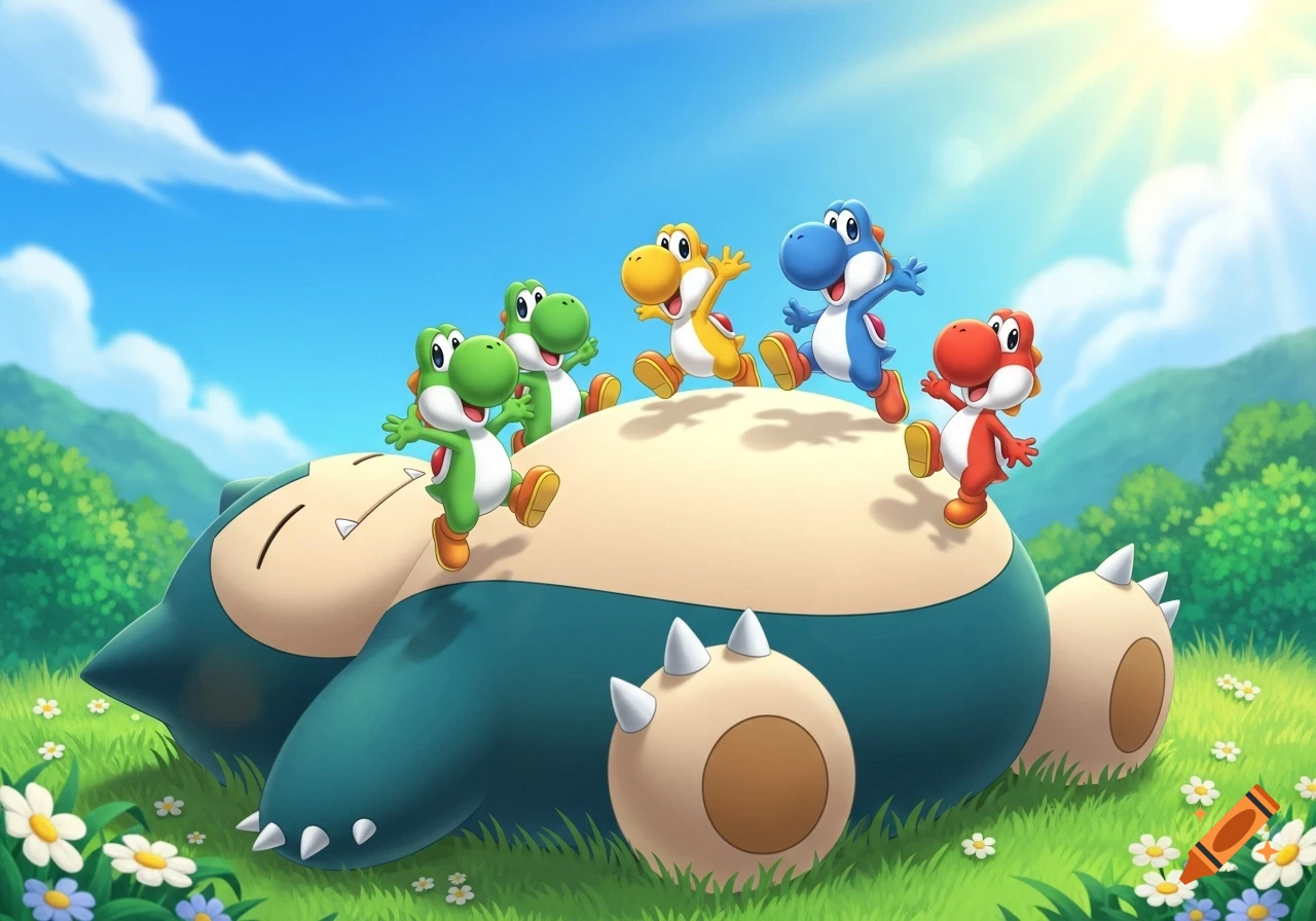 Multiple colorful Yoshis run and jump on a sleeping Snorlax on a sunny grassy hill with mountains in the background, in a vibrant cartoon style.