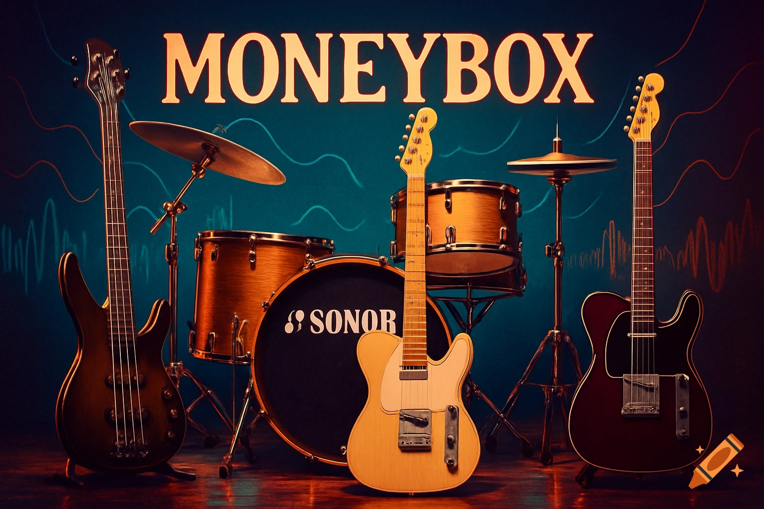 A photorealistic image featuring a drum set, a bass guitar, and two electric guitars on a dark stage, with 'MONEYBOX' text glowing in the background and 'SONOR' on the bass drum.