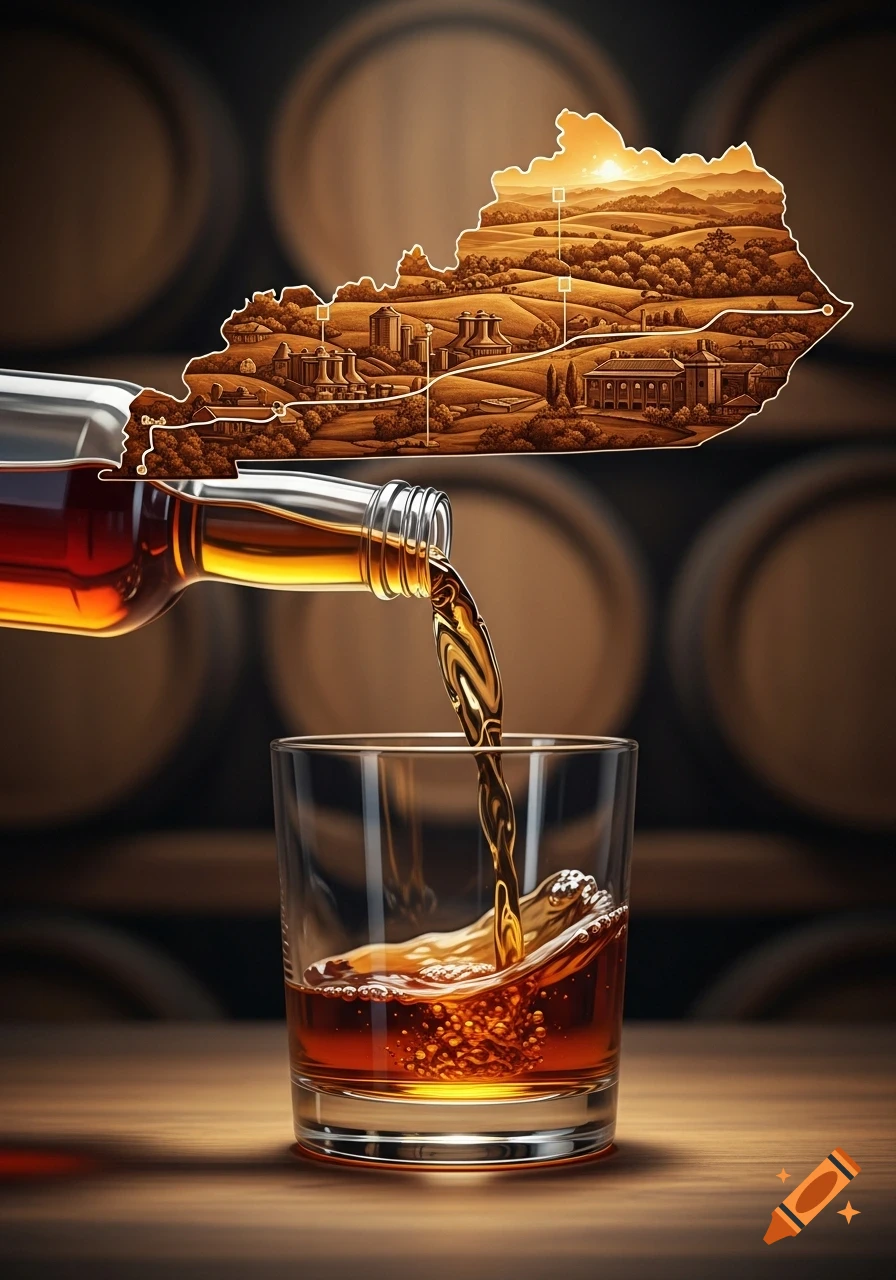 A bottle shaped like the state of Kentucky pours bourbon into a glass, revealing a detailed landscape within the state, with barrels in the background.