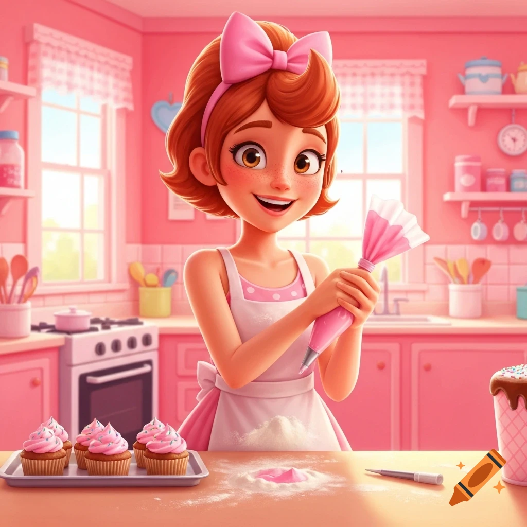 Smiling animated girl in a pink kitchen holding a frosting bag, with cupcakes on a tray.