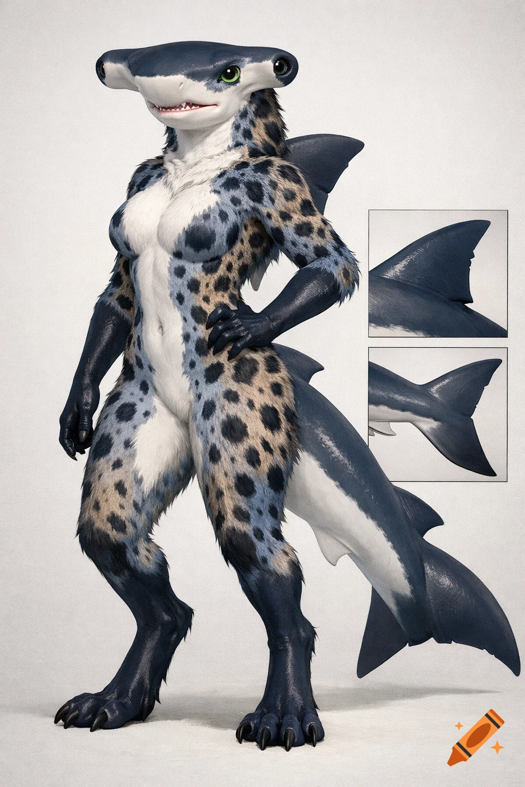 A full-body anthropomorphic hammerhead shark and hyena hybrid with spotted blue merle and white fur, shark fins, and digitigrade legs, standing on a white background.