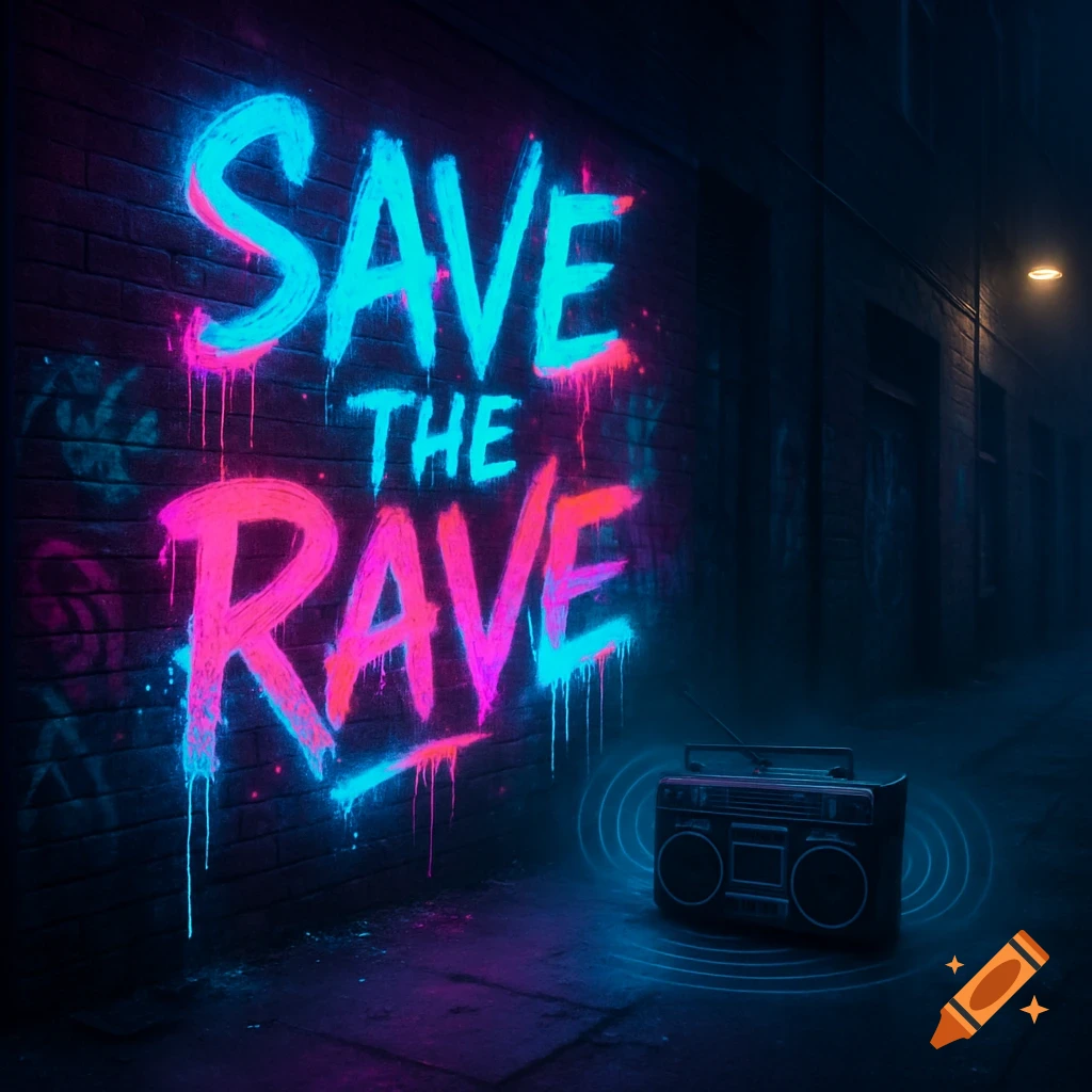 Neon pink and blue graffiti spelling "SAVE THE RAVE" on a brick wall in a dark alley with a boombox on the ground, glowing with sound waves.