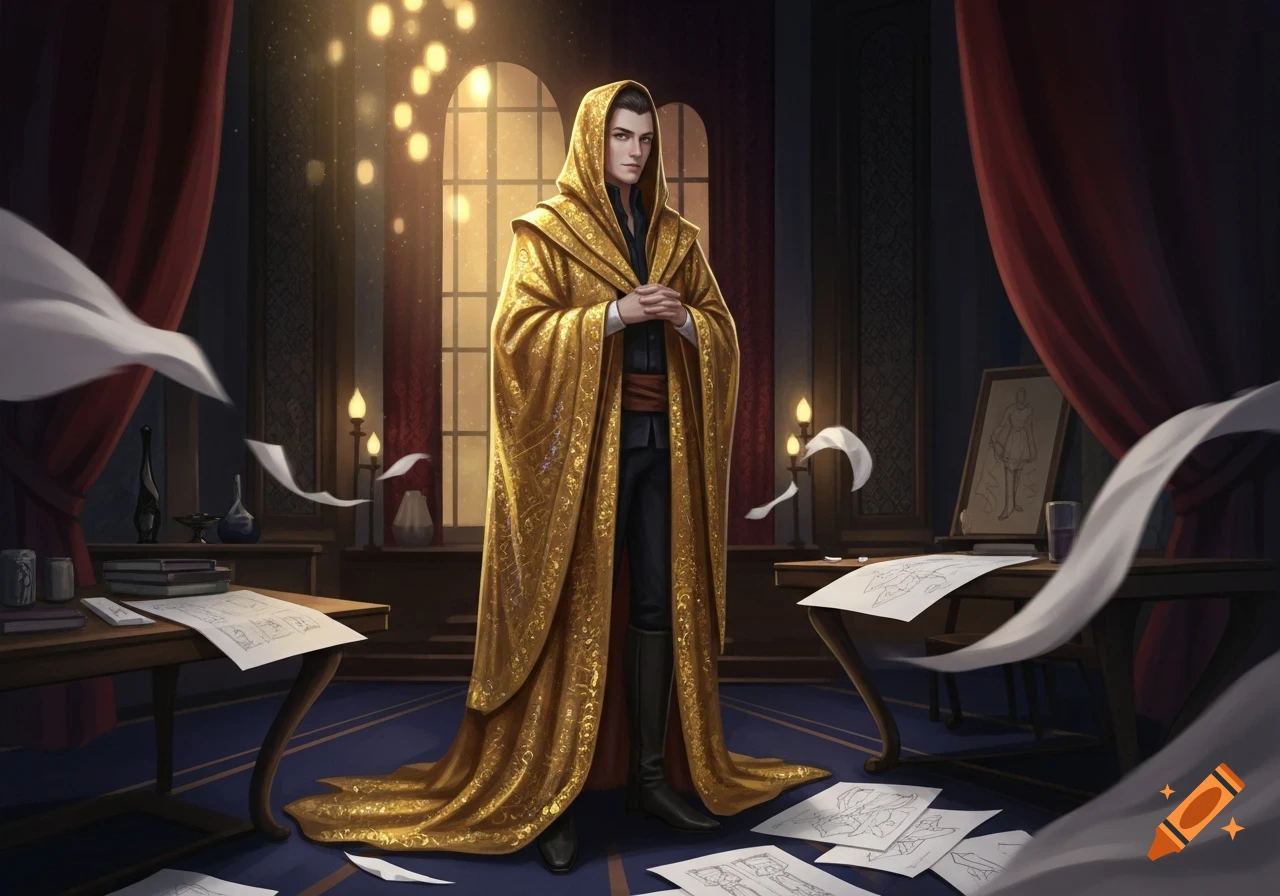 A regal man in a golden hooded robe stands in a dimly lit, richly decorated room with papers floating around, in a fantasy art style.