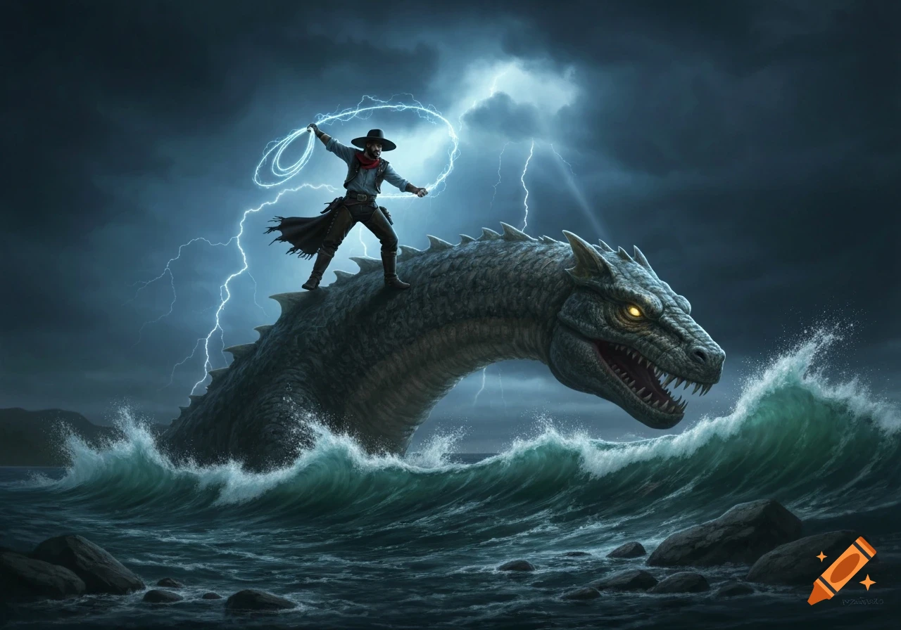 A cowboy on a scaly sea monster in a stormy ocean, holding an electric lasso as lightning strikes around them.