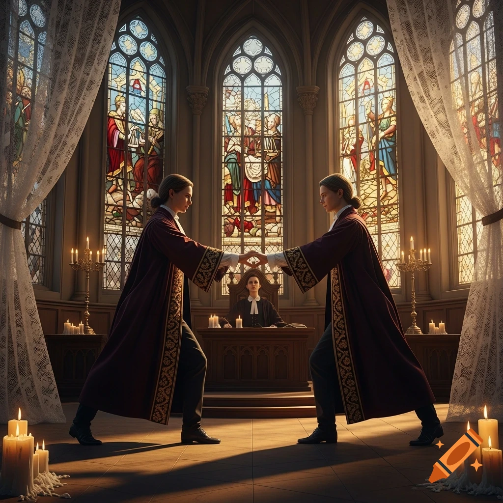 Two figures in dark robes face each other, hands nearly touching, in a grand hall with stained-glass windows. Another robed figure sits at a desk in the background, with lit candles on the floor and tables.
