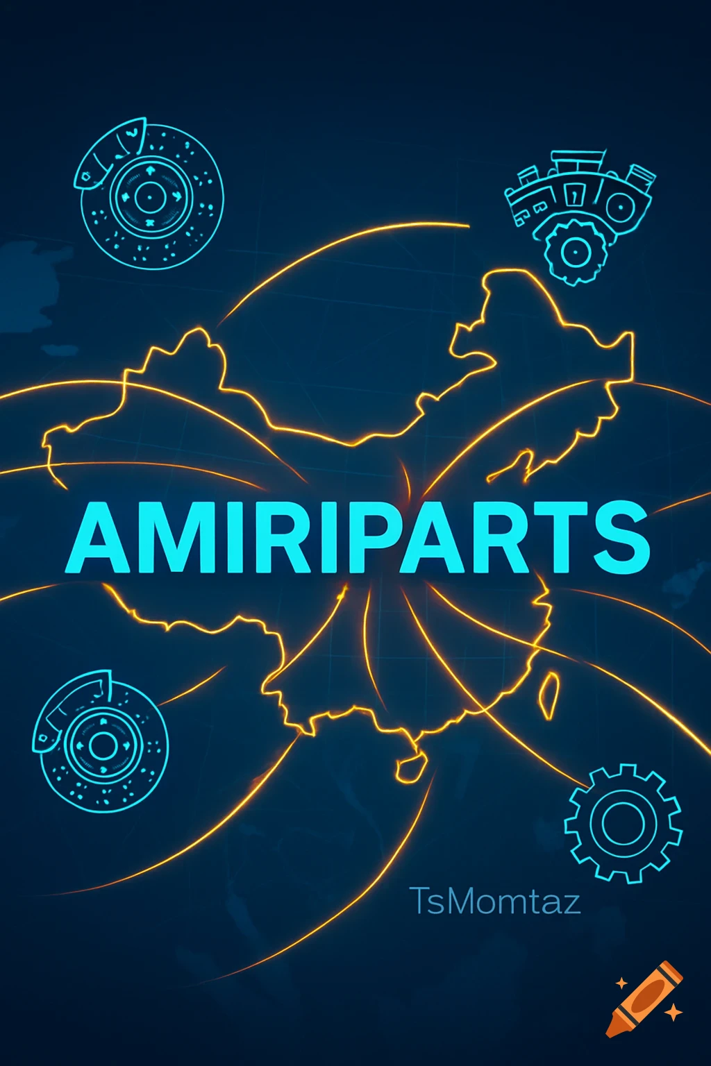 A stylized map of China outlined in orange with glowing lines, featuring blue automotive icons and the text 'AMIRIPARTS' and 'TsMomtaz' on a dark blue background.