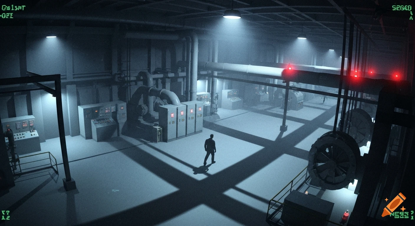 A lone figure stands in a vast, dimly lit industrial power plant, surrounded by large machinery and control panels, in a dark, atmospheric style.