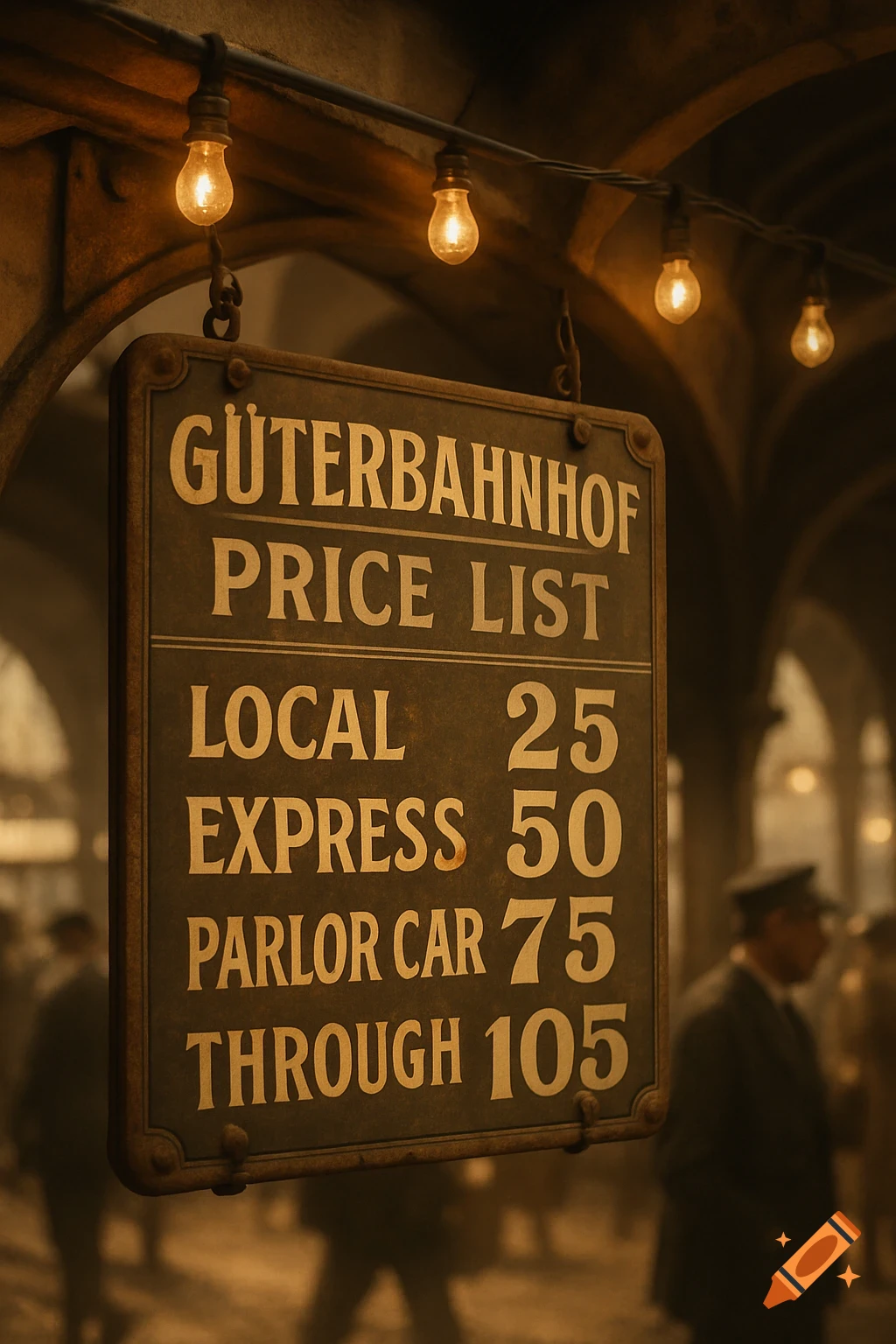 A vintage-style price list sign hangs under glowing light bulbs in an old freight station with blurred figures in the background.
