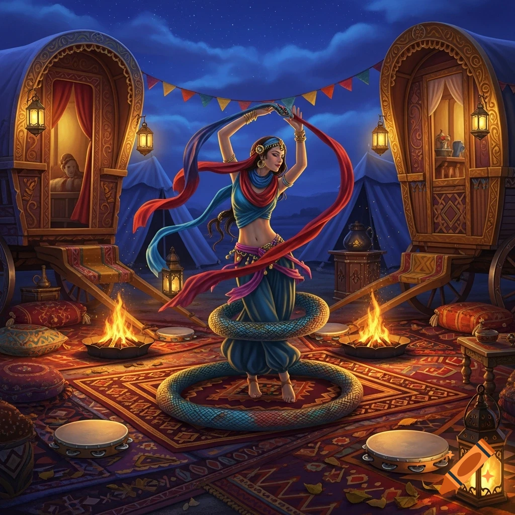 A woman in a vibrant outfit dances with a snake-like skirt at night, surrounded by ornate gypsy wagons, campfires, and rhythmic drums.