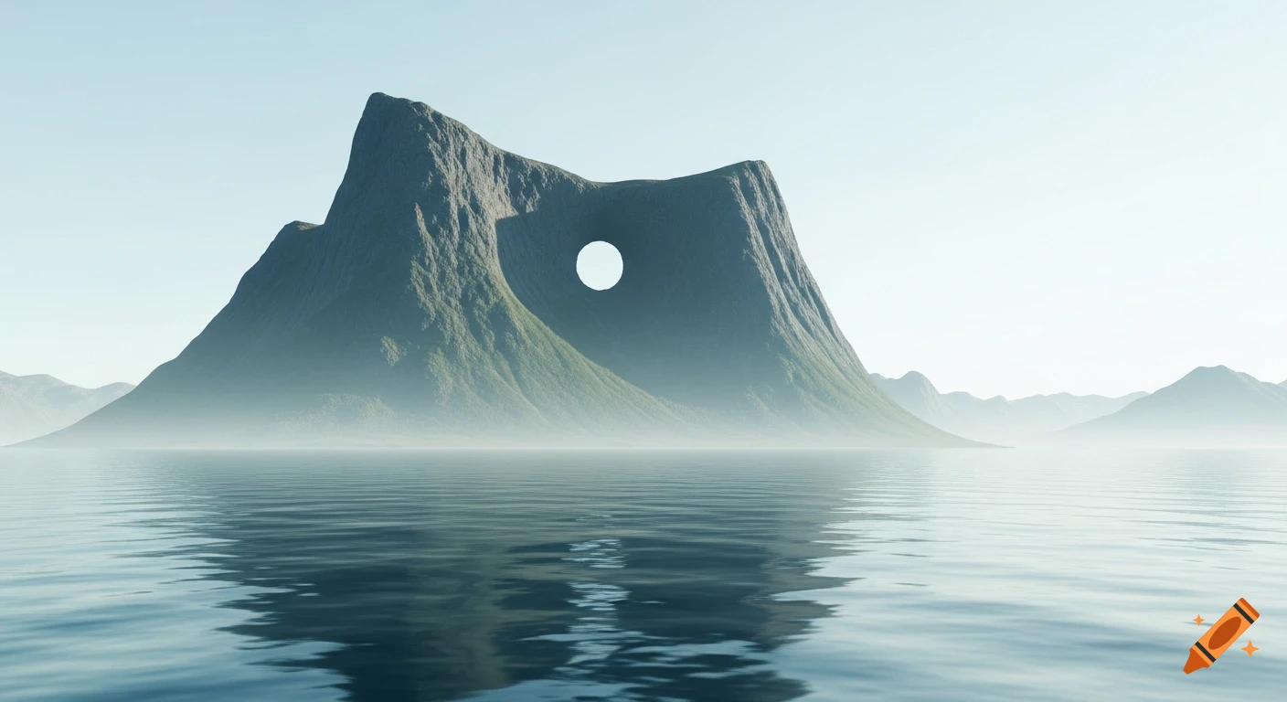 A majestic mountain with a large circular hole through its center rises from calm, misty waters under a clear sky.