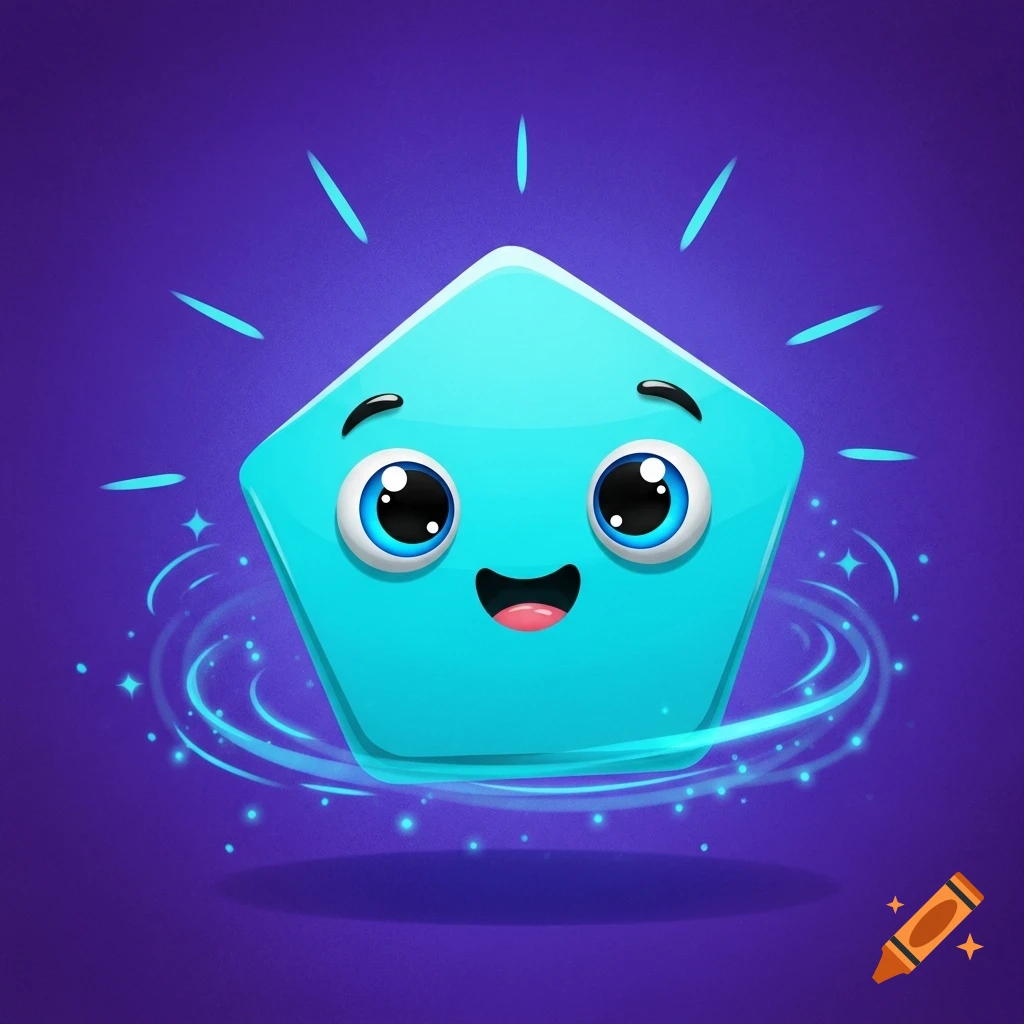 A happy, glowing cyan pentagon character with big black and blue eyes and a wide smile, set against a dark purple background with swirling light effects.