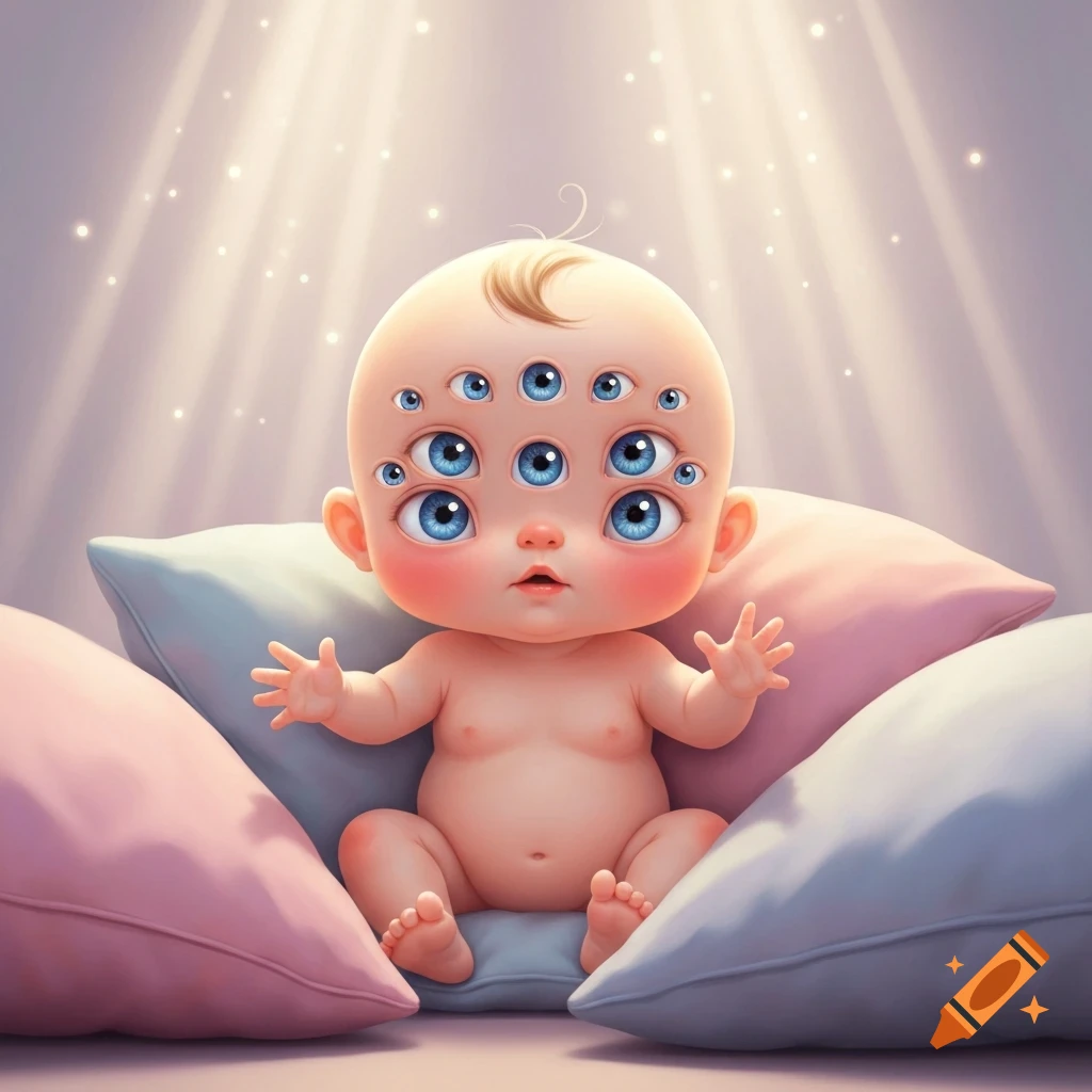 A cute baby with multiple blue eyes sits on pink and blue pillows, bathed in soft light.