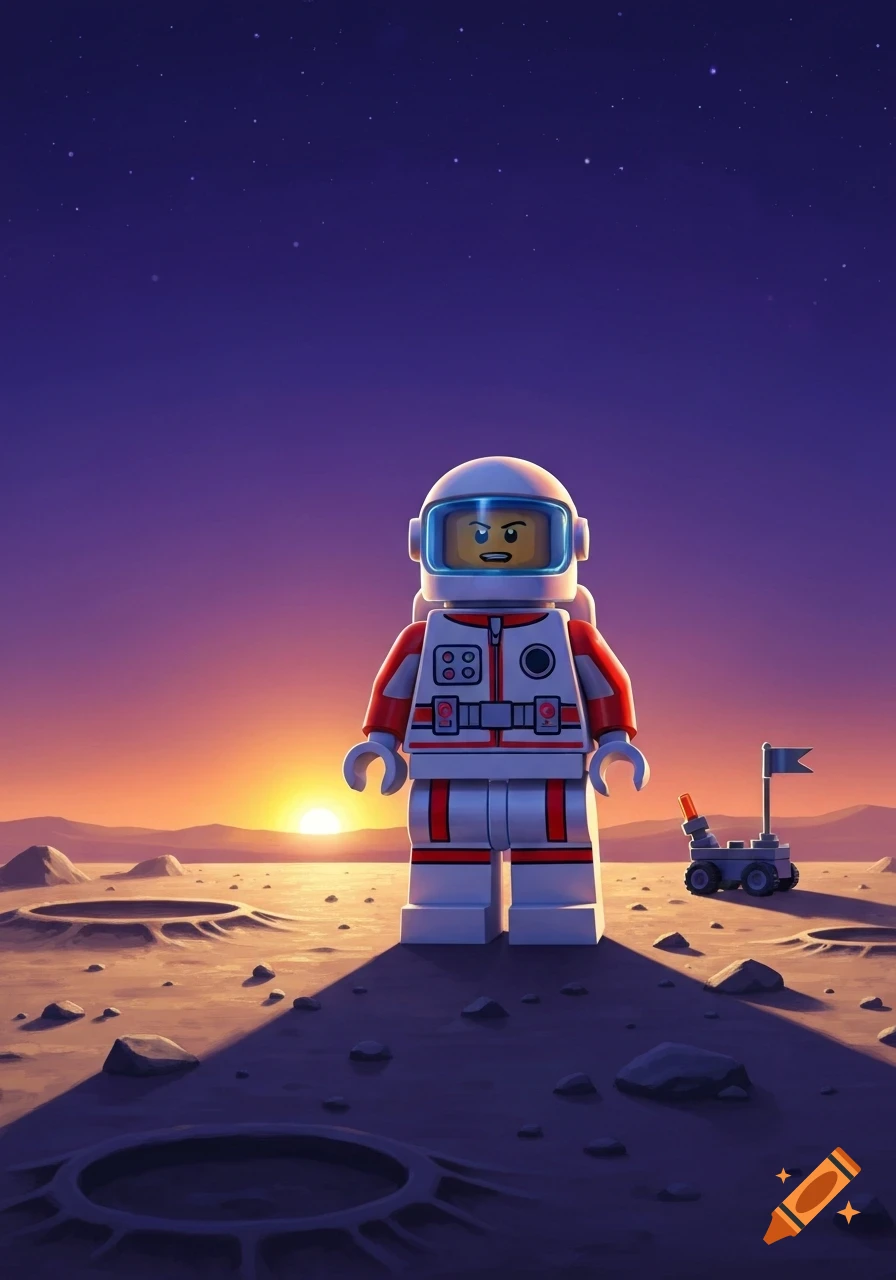A Lego astronaut in a white and red suit stands on a rocky, cratered planet surface under a purple, starry sky with a setting sun.