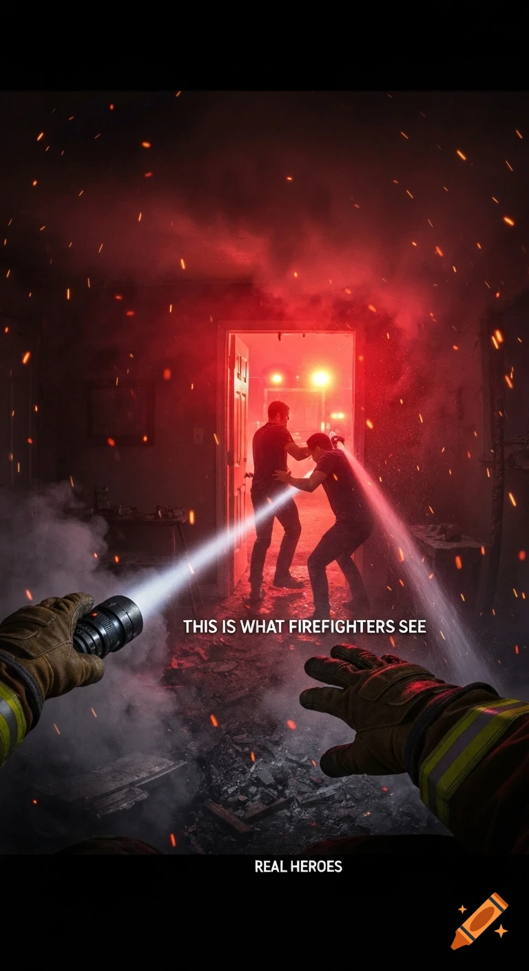 First-person view of a firefighter with a flashlight entering a smoke-filled, burning room, where another firefighter assists a person. Text reads 'THIS IS WHAT FIREFIGHTERS SEE' and 'REAL HEROES'. Photorealistic.