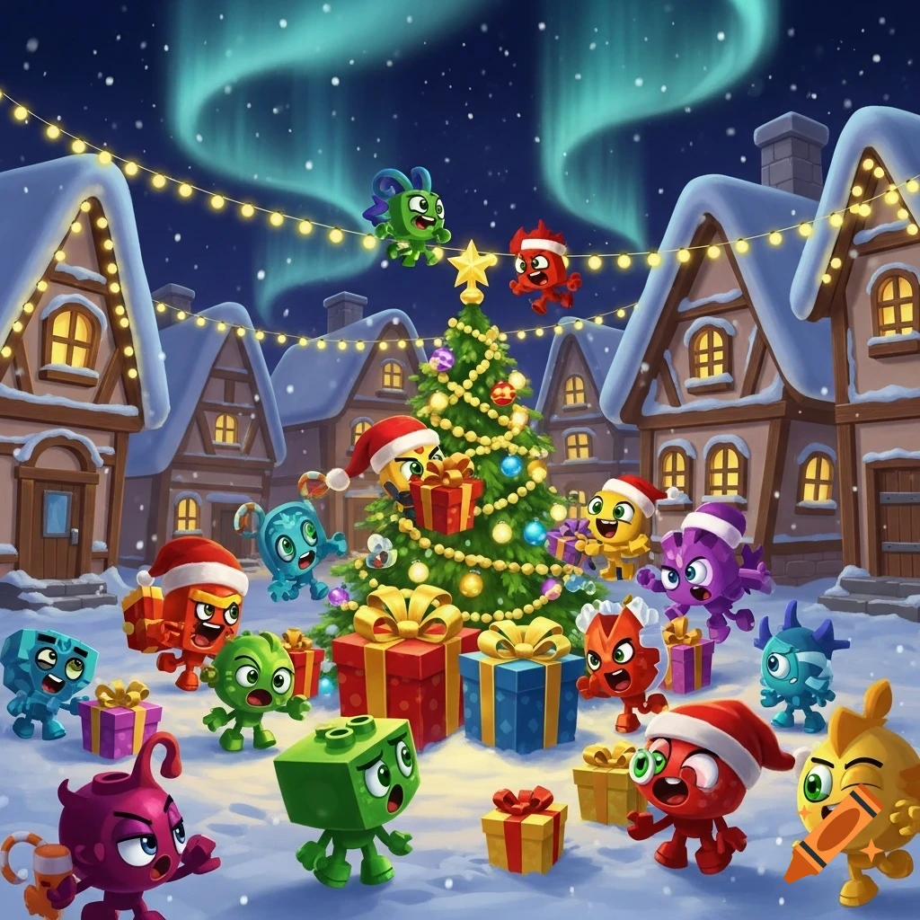 Vibrant digital art shows many colorful Mixels characters celebrating Christmas around a decorated tree with presents in a snowy village under the aurora borealis.