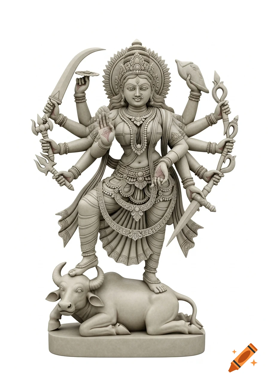A detailed stone sculpture of a multi-armed Hindu goddess, standing on a fallen buffalo, holding various weapons, in a classical Indian art style.