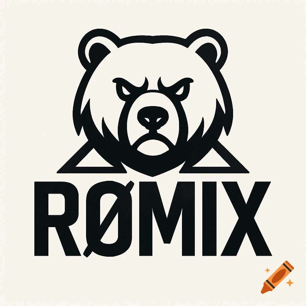 Minimalist black and white logo with a stylized, angry bear head above the bold text 'R MIX'