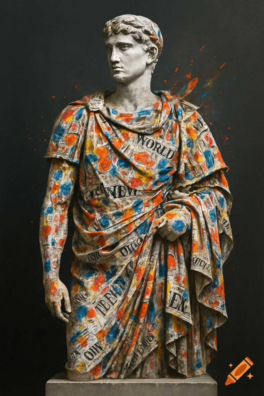 A Roman marble statue draped in colorful abstract newspaper collage with paint splatters, against a dark background.