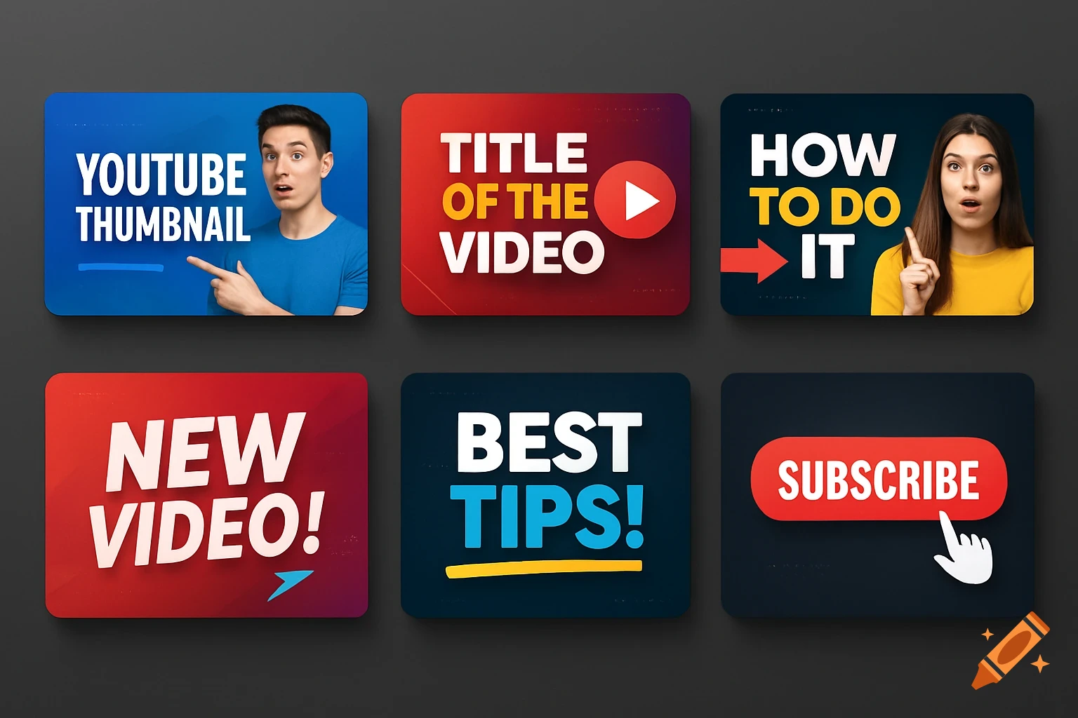 Six graphic YouTube thumbnail templates, each with distinct text, colors, and imagery, including a man pointing and a woman with an open mouth.