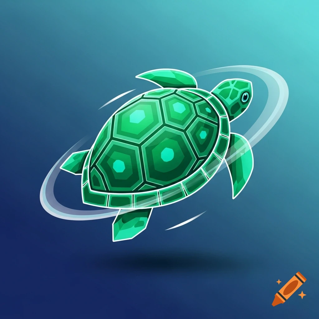 A stylized green turtle with a hexagonal shell and fins, appearing to swim in a blue background with a white swirling trail.
