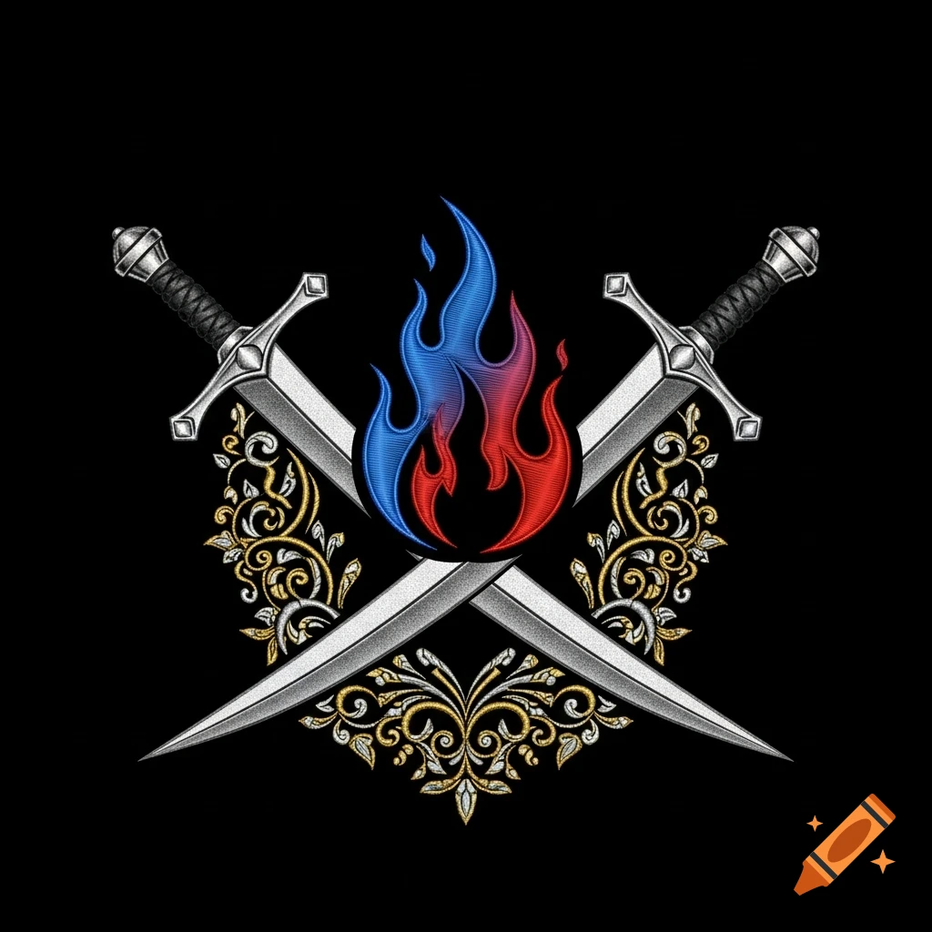 Two silver swords crossed behind a blue and red flame, surrounded by golden and silver embroidery, on a black background.