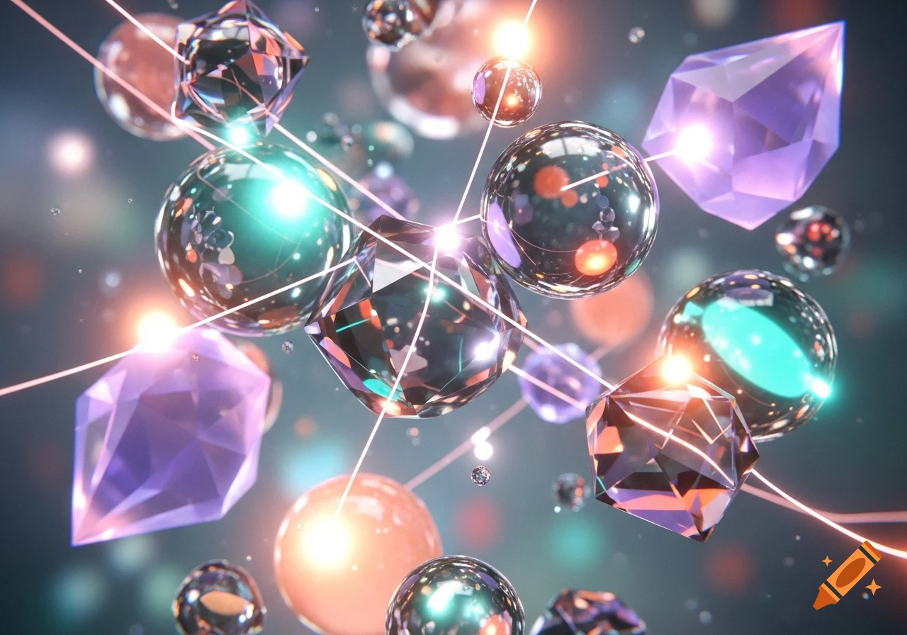 Abstract image of glowing, reflective spheres and faceted crystals connected by light lines on a dark background.