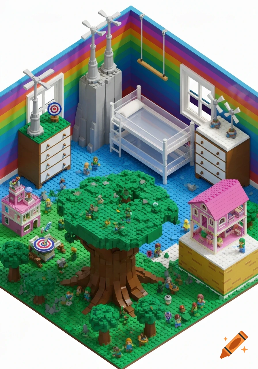 Colorful LEGO-style isometric room with a transparent bunk bed, a large tree, pink dollhouses, minifigures, and wind turbines.