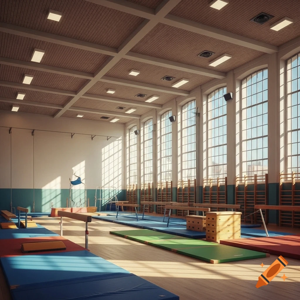 A spacious, sunlit gymnastics hall featuring high arched windows, a high paneled ceiling, and various colorful equipment like balance beams and mats.