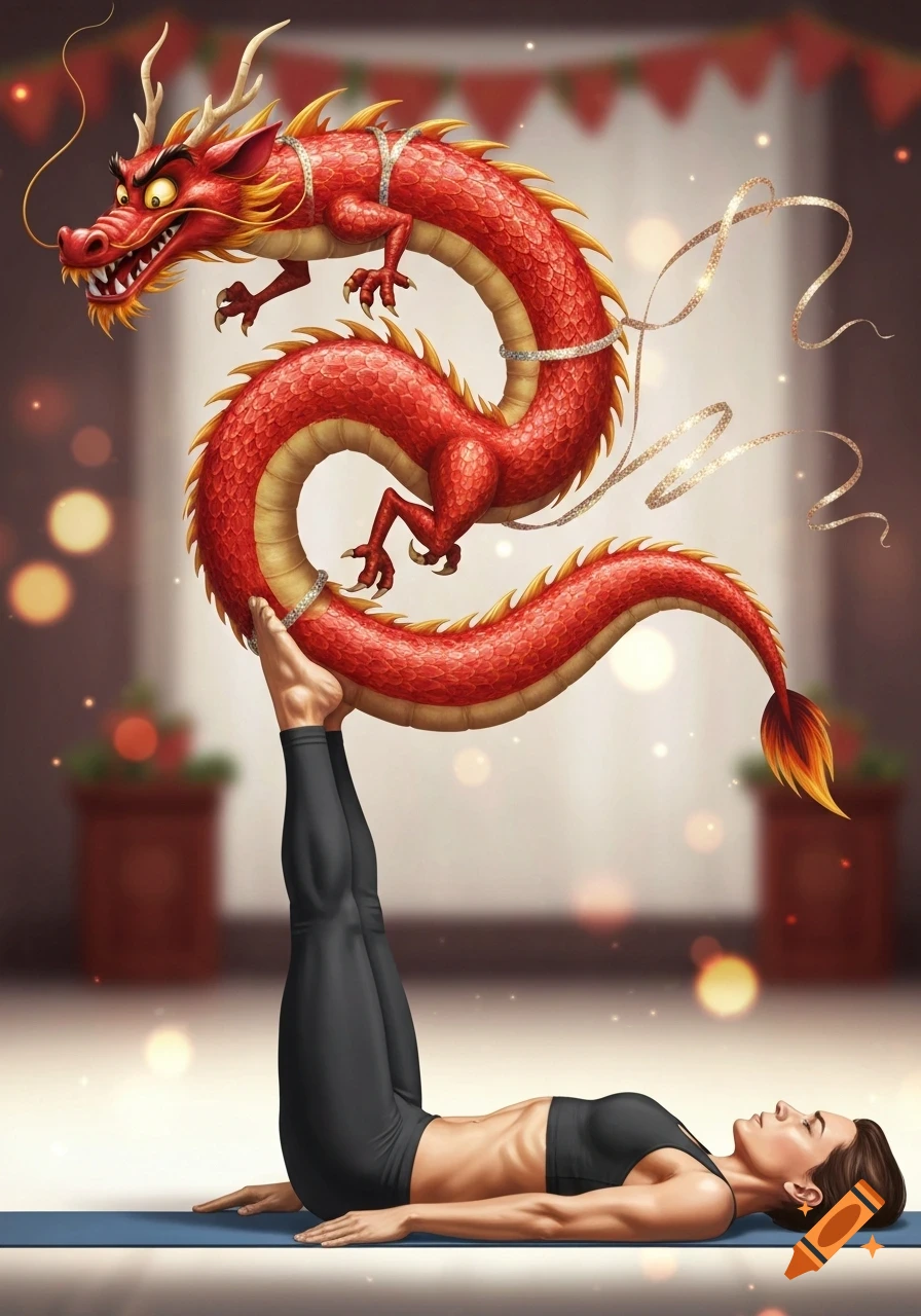A person in black athletic wear lies on their back, holding a red Chinese dragon with their feet in an acroyoga pose.