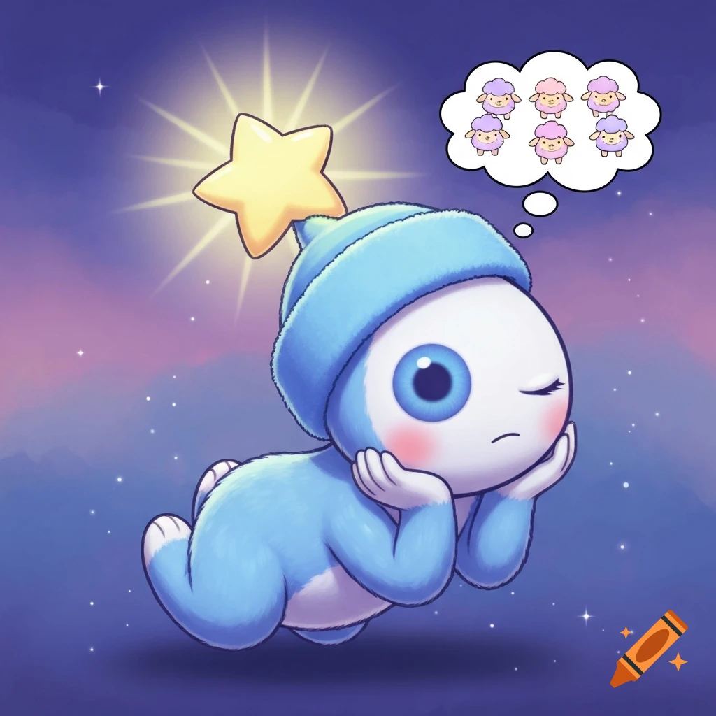 A cute, one-eyed blue furry monster in a blue hat with a glowing star, sleeping and dreaming of colorful sheep.