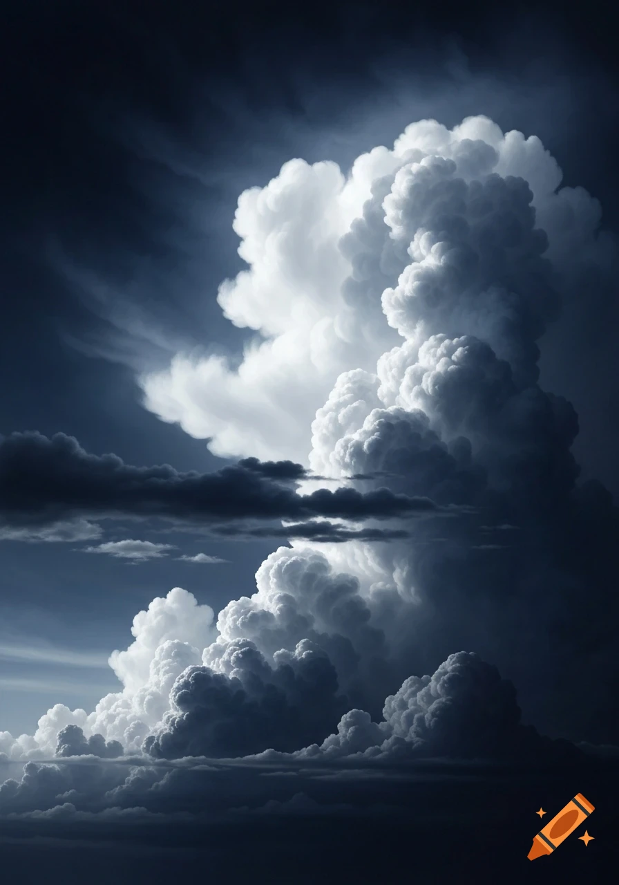 Dramatic dark blue and white cumulus clouds fill a moody sky, with sunlight illuminating their edges.