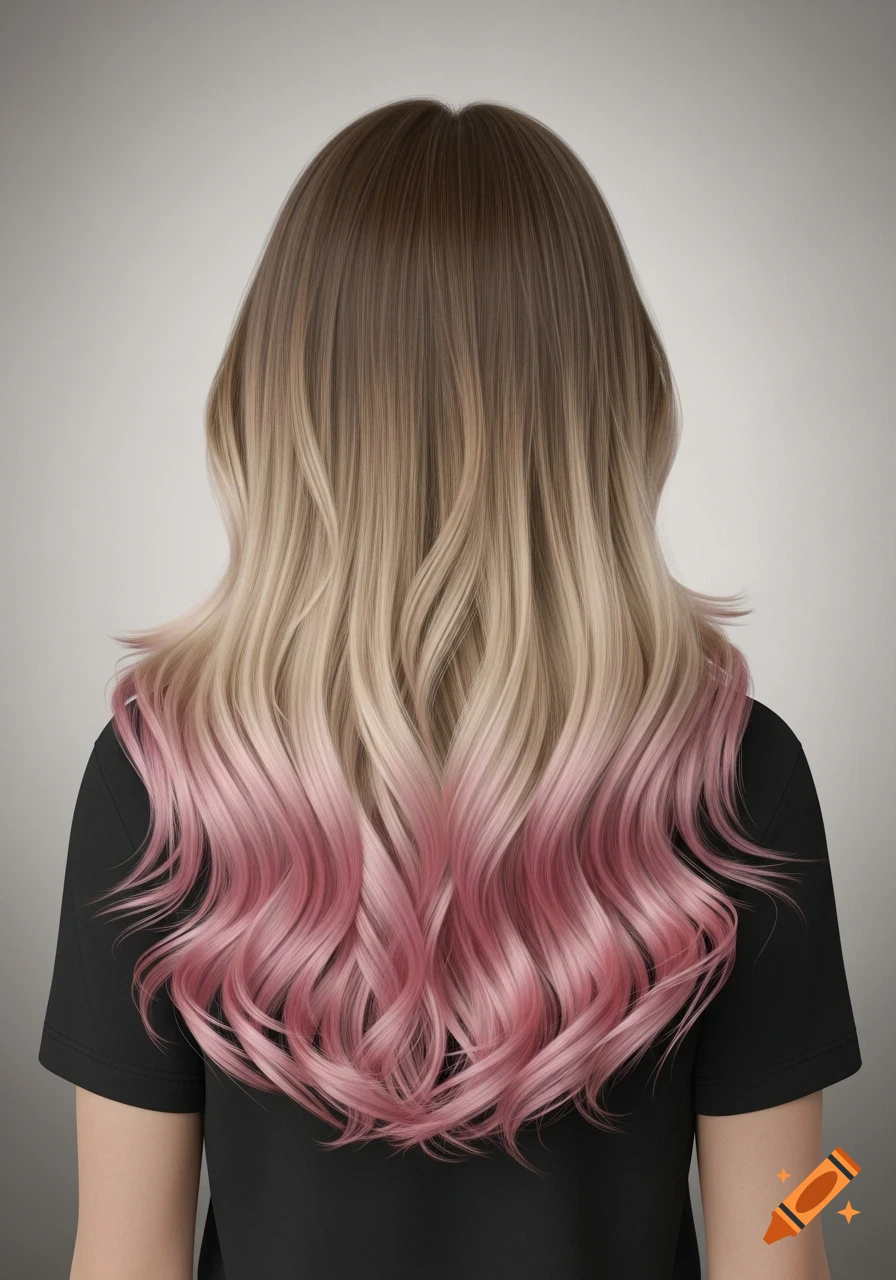 Back view of a person with long wavy ombre hair, fading from brown to blonde to pastel pink ends.