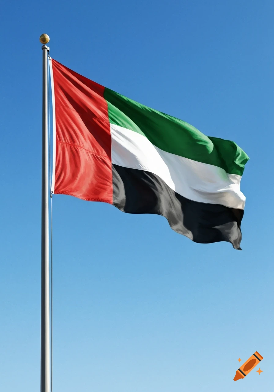The flag of the United Arab Emirates (UAE) flying from a flagpole against a clear blue sky, in a digital painting style.