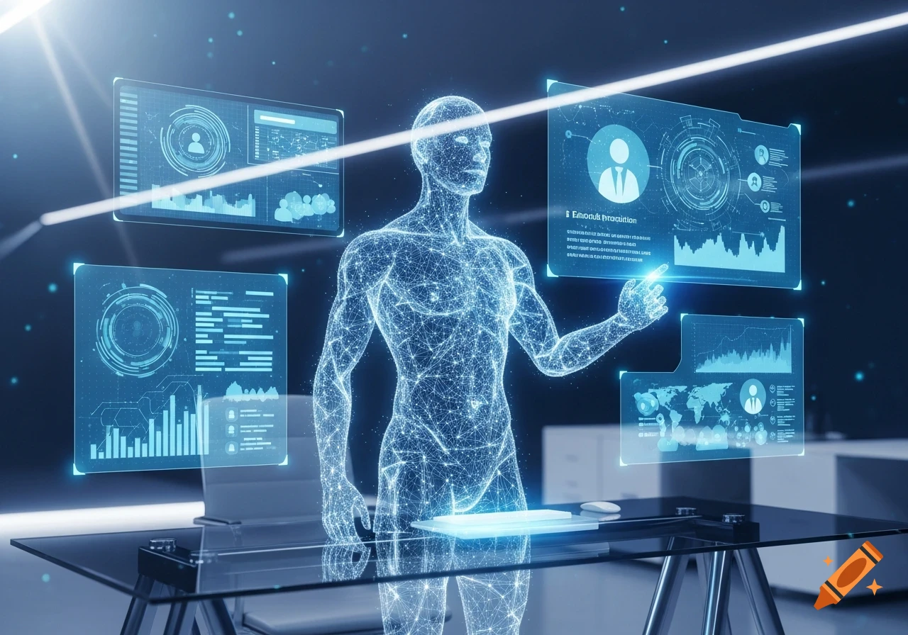 Glowing blue wireframe human figure interacts with multiple holographic data displays in a futuristic setting, digital art.