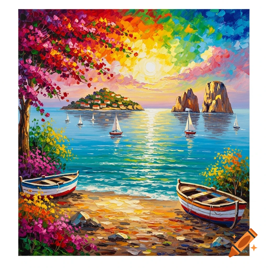 Vibrant palette knife painting of a colorful Mediterranean seascape at sunset, with boats on turquoise water, islands, rocky faraglioni, and blooming flowers.