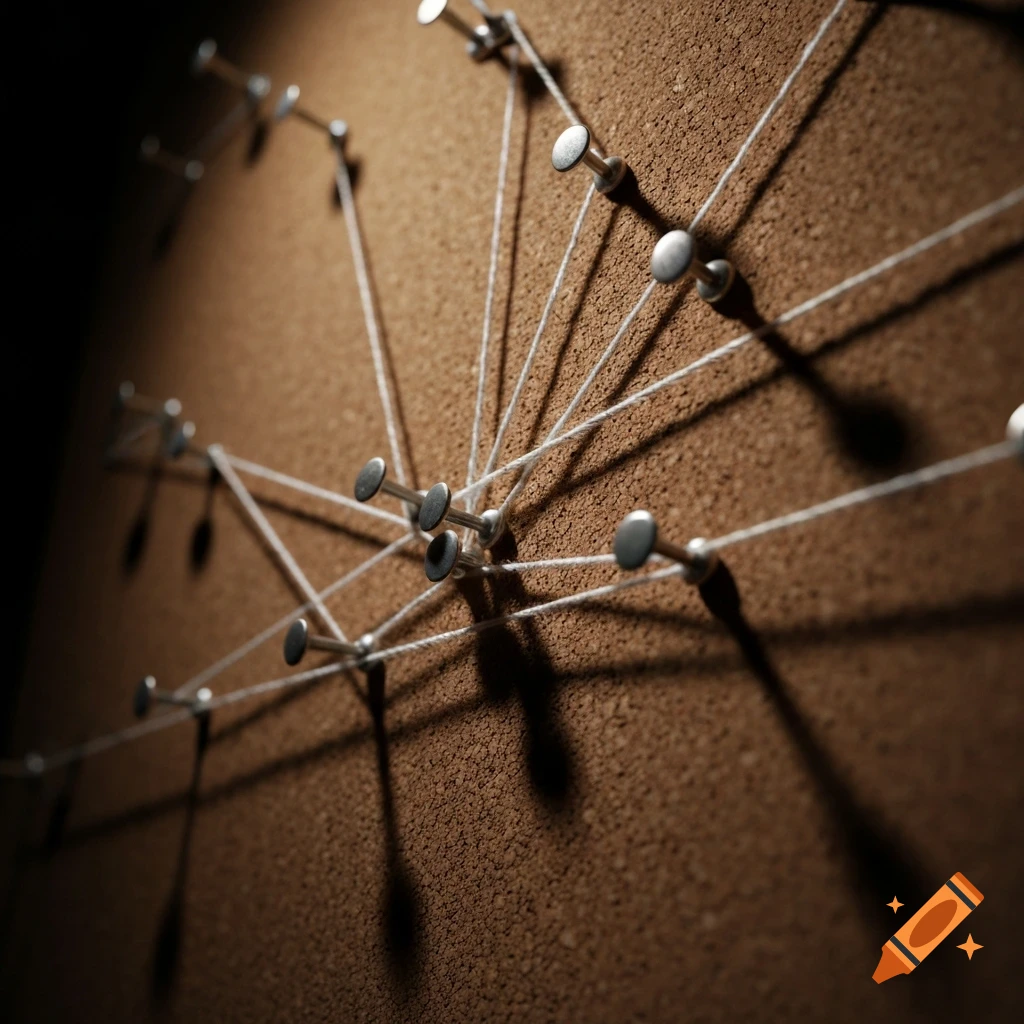 A close-up, hyperrealistic photo of a cork board with numerous pins connected by white strings, lit to create long shadows and a dramatic, investigative mood.