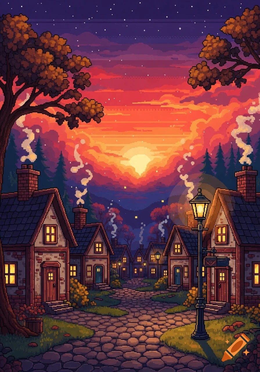 A colorful pixel art village scene at sunset, with houses, trees, and a cobbled path under a vibrant orange and purple sky.