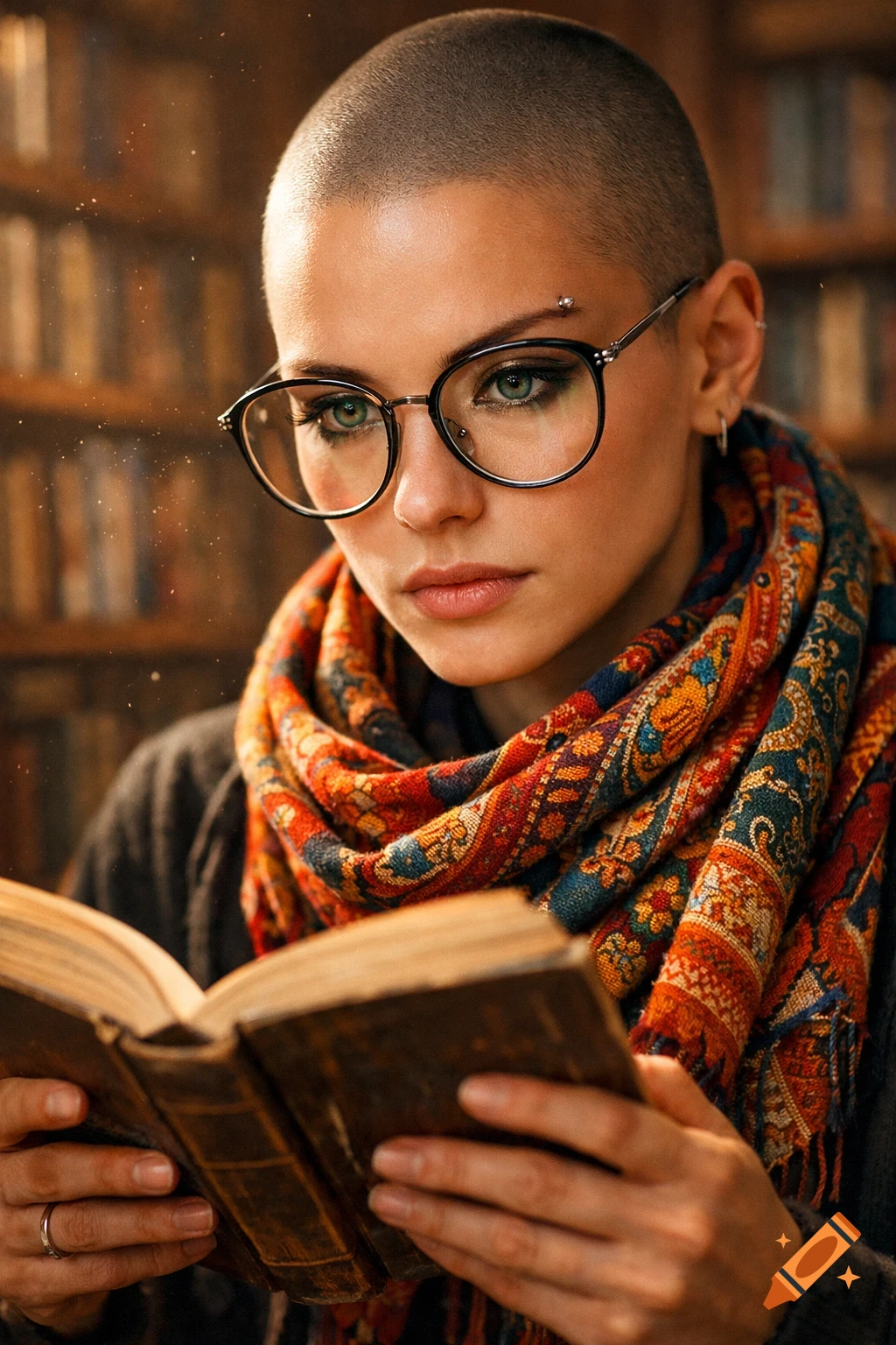 Close-up of an androgynous person with a shaved head, glasses, and a colorful scarf, reading a book in a library.