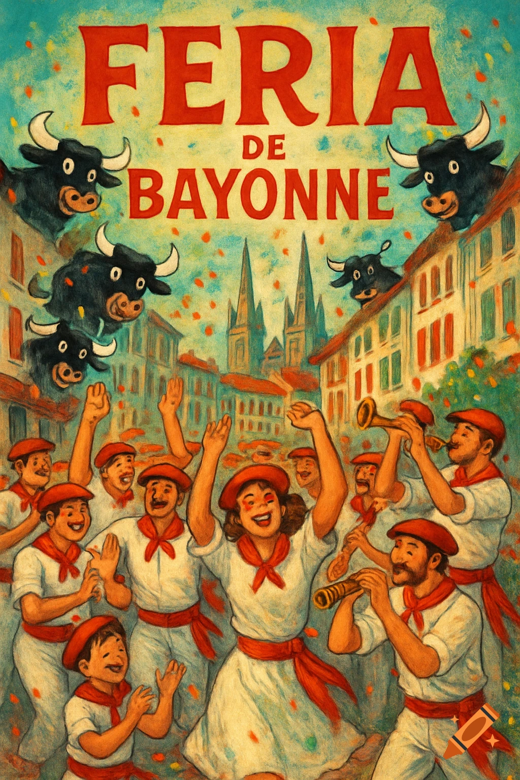 Vibrant vintage poster for Feria de Bayonne, depicting people celebrating, cartoon bulls, and buildings under confetti.