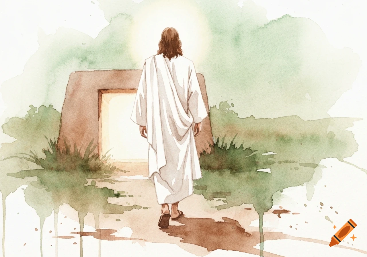 Watercolor painting of Jesus, seen from behind, walking out of an empty tomb, wearing a white robe.