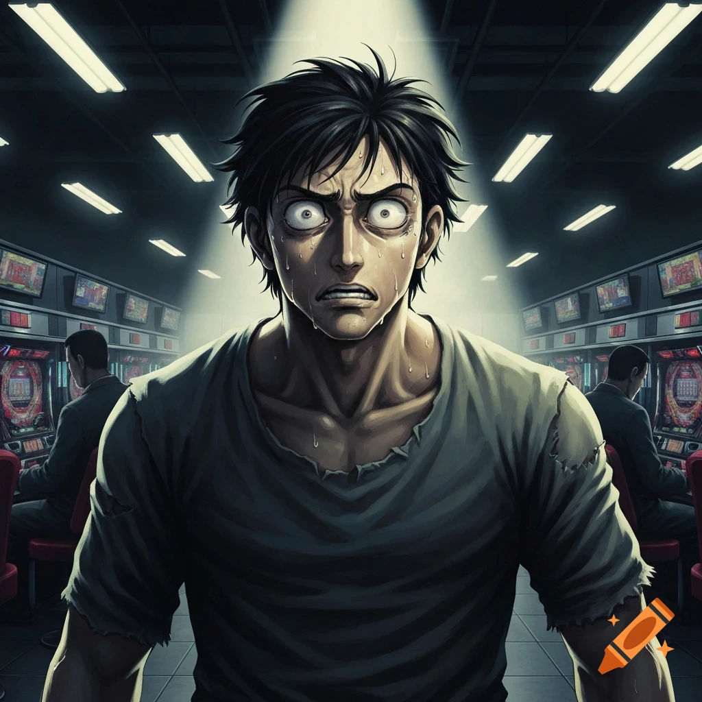 Anime style illustration of a distressed man with wide eyes and sweat on his face, in a dimly lit gambling hall with slot machines.