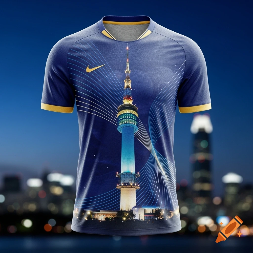 A blue soccer jersey with gold trim features a graphic of the N Seoul Tower at night, against a blurred city skyline.