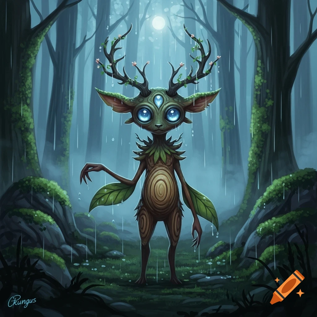 A stylized, large-eyed forest spirit with antlers and a leafy, wood ...