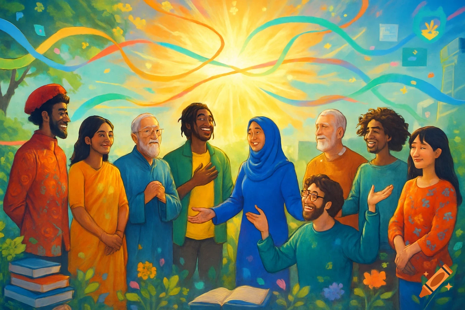 A vibrant painting of a diverse group of smiling people outdoors, with colorful ribbons and books at their feet, symbolizing community.