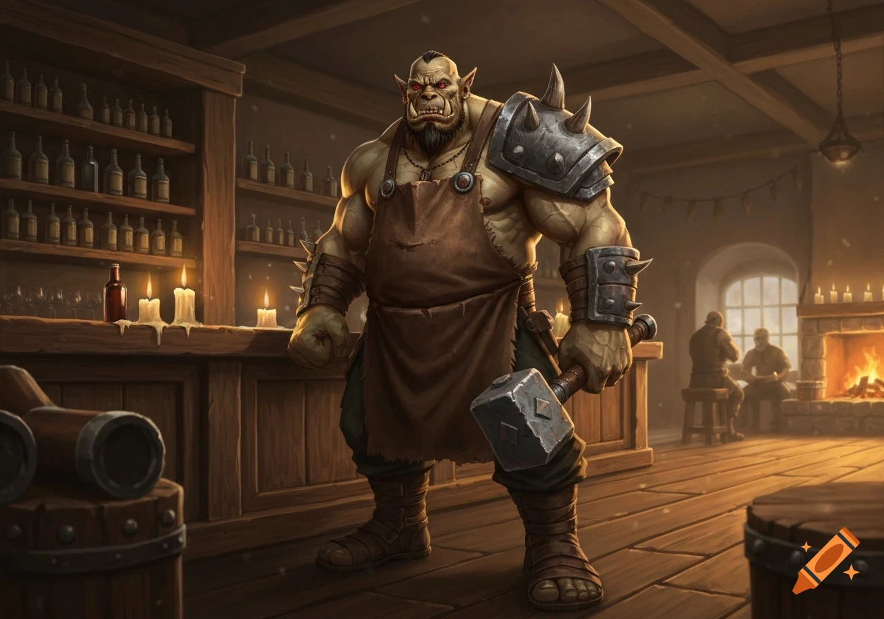 A muscular orc in an apron and armor holds a hammer behind a tavern bar, with patrons by a fireplace in the background. Fantasy art style.