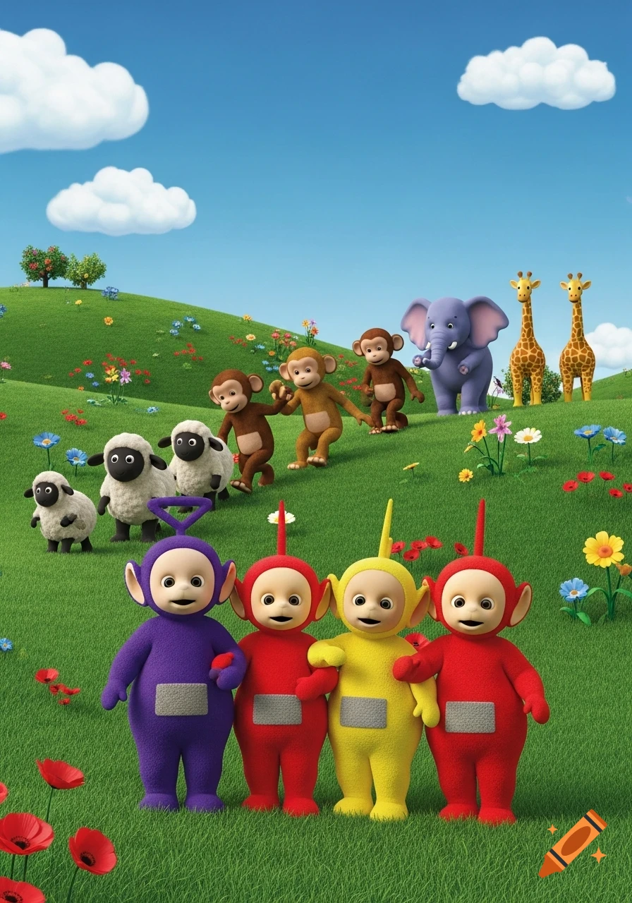 Four colorful Teletubbies in a vibrant green, flowery field with cartoon sheep, monkeys, an elephant, and giraffes under a blue sky.